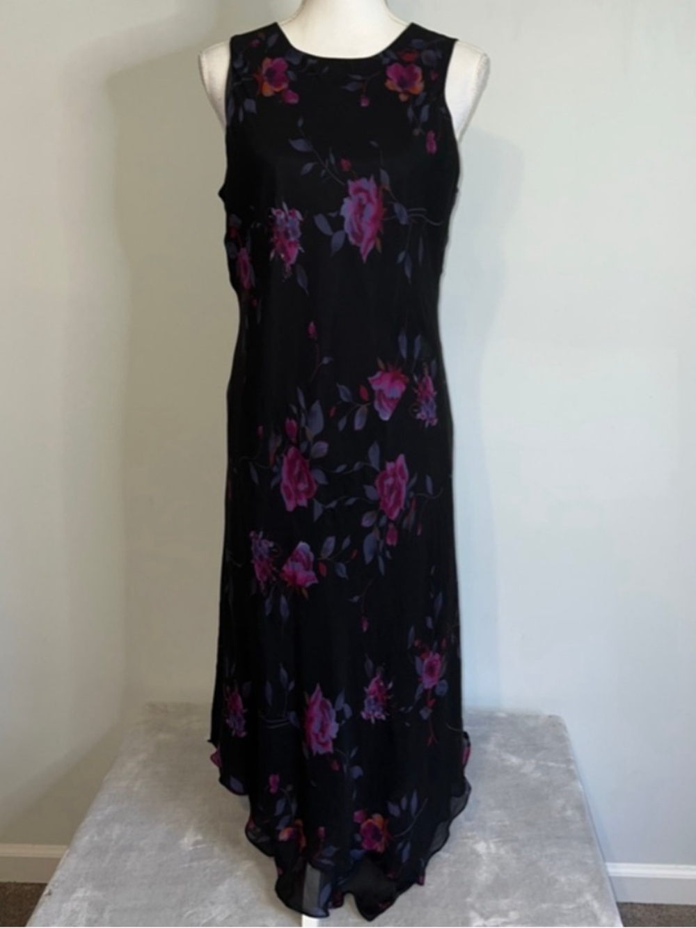 Women's SILK Jones New York Black Floral Midi Dress Size 14